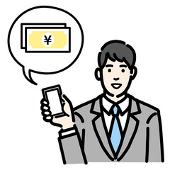 スマートフォンを持ってお金の説明をしているスーツを着た若い男性のバストアップ