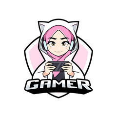 Cute hijab gamer girl esport logo mobile gaming vector illustration