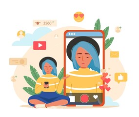 Live streaming, blogging, vlogging, sharing video content online  concept. Video blogger recording video with smartphone vector illustration. Video podcast, broadcast vlog. Business co working process