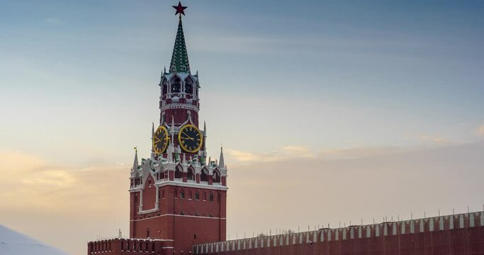 Wonderful view of the Spasskaya clock tower in Moscow on Red Square