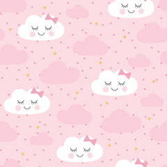 Fototapeta na wymiar Seamless pattern cute baby shower with faces clouds on pink
