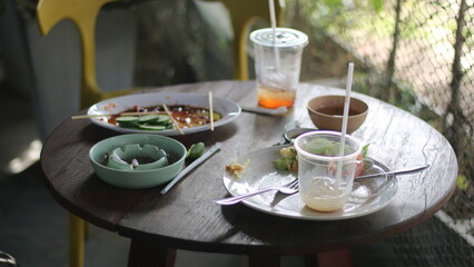 dirty plate on wood table