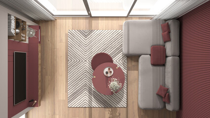 Cozy red and wooden living room in modern apartment, parquet floor, window, velvet sofa, carpet, table with flowers, television, window. Top view, plan, above. interior design idea