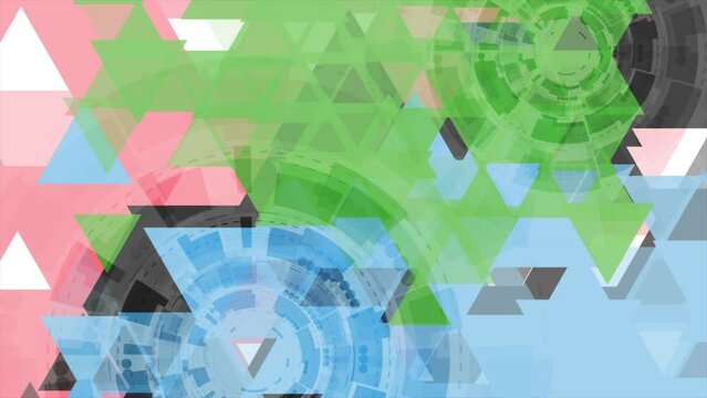 Colorful triangles and HUD gears abstract hi-tech motion design. Seamless looping. Video animation Ultra HD 4K 3840x2160
