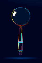 Abstract magnifying glass with carved handle from multicolored paints. Colored drawing. Vector illustration of paints