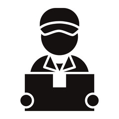 Obraz premium 段ボール箱を持つ配達員のシンプルなアイコン/白背景