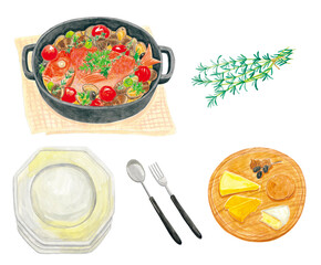 おいしそうなアクアパッツァとチーズの盛り合わせ、カトラリーの水彩イラストセット