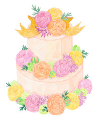 華やかなフラワーケーキ　ラナンキュラスとリボンを飾ったケーキの水彩イラスト