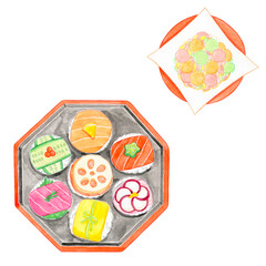 おいしそうな手毬寿司とひなあられの水彩イラスト