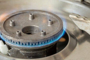 Gas burns in a gas burner. Gas tourist stove for cooking. 