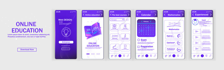 Online learning mobile application template. Design elements of the user interface, UX, graphical interface. An application for digital online education. Vector illustration.