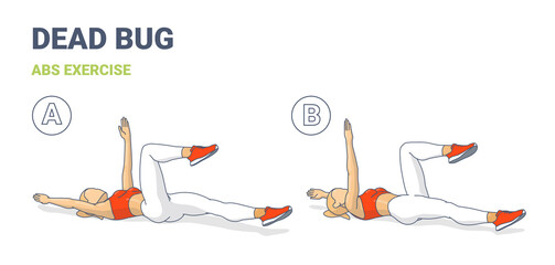 Girl Doing Dead Bug Exercise, Woman Home Workout Fitness, Aerobic Guidance.