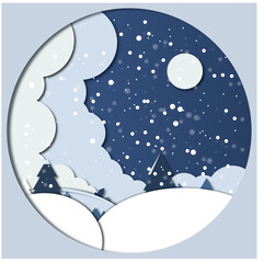Winter in paper cut out effect style.Vector illustration
