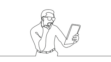 Continue with line art. A happy young man makes a winning gesture with his tablet computer.