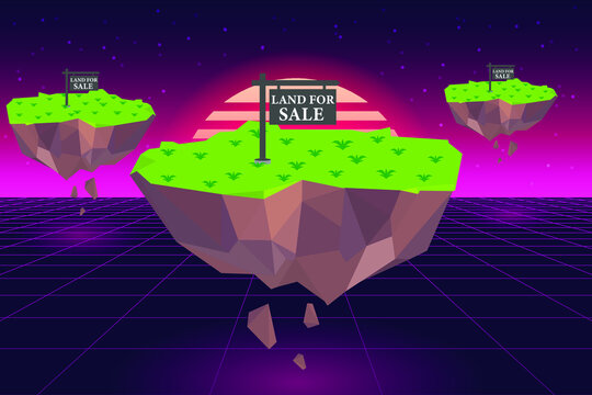 Metaverse Virtual Reality Land For Sale In Metaverse Cyberspace Retro Science Fiction Background.