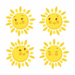 Set of four cute suns with faces. Design for decor. Vector illustration.
