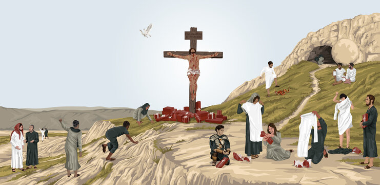 Christian illustration depicting righteousness through faith in Christ.  Jesus on the cross surrounded by presents, which are free to take, and when opened contain clean white robes.