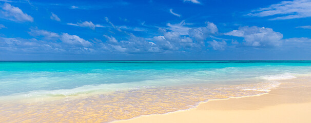 Paradise island beach. Tropical landscape of summer scenery, white sand, blue sea sky. Luxury...
