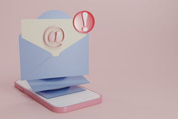 Mail or Email application floating on the phone screen. E mail on phone. Concept of business communication technology. 3d rendering illustration.