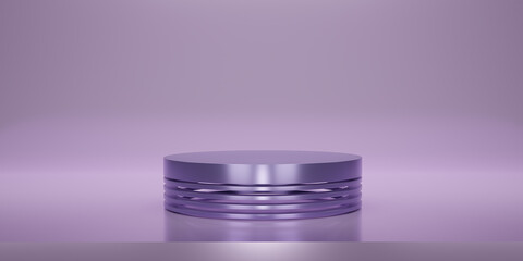 Shiny purple round pedestal or podium  with studio  backdrops. Blank display or clean room for showing product.Copy space for texts. Minimalist mockup for podium display or showcase. 3D rendering.
