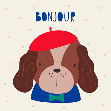 French dog. French style dog. Vector illustration cartoon dog dressed in French style in beret. Good for posters, t shirts, postcards.