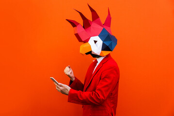 Cool man wearing 3d origami mask - Funny creative portrait of cool character with costume, alternative idea for advertisement