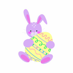 Bright cute rabbit with an Easter decorated egg. Cute vector rabbit isolated on white background.Funny children's flat easter hare.