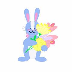 Cute rabbit with bouquet of flowers. Vector funny bunny isolated on white background.