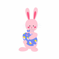 Cute pink rabbit is holding a decorated egg. Vector easter bunny isolated on white background. Easter illustration with a hare.