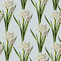 Retro flower seamless pattern - daffodils. Spring flowers narcissus. Blue background. 