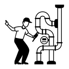 Industry Worker Looking Gas Flow Gauge Vector Icon Design, Plumber equipment Symbol, Handyman Service Works Sign, Sanitary technician Stock illustration, Industrial Pipe Repairing Concept