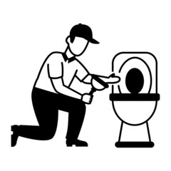Worker repairs toilet tank or Commode Vector Icon Design, Plumber equipment Symbol, Handyman Service Works Sign, Sanitary technician Stock illustration, Plumber Holding a Plunger Concept