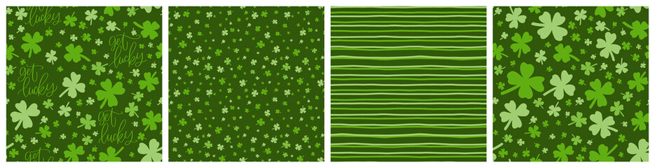 Shamrock background set. Seamless pattern collection for Saint Patrick's day spring holiday with four-leaf clover and get lucky calligraphy text.