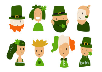 St. Patrick’s day clipart set, happy cartoon characters in variety of genders, male, female, young and adult.