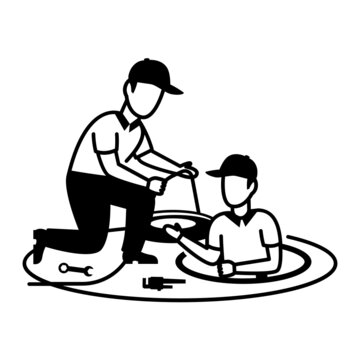 Sewage Fault Vector Icon Design, Plumber equipment Symbol, Handyman Service Works Sign, Sanitary technician Stock illustration, Sewer and Drain Cleaning Crew Concept