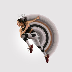 Sporty young woman running on art paint background