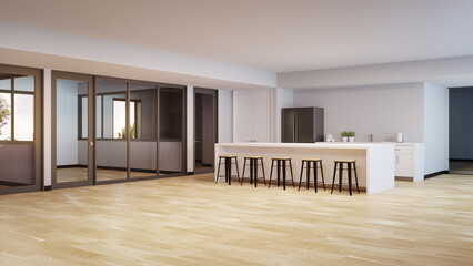 Luxury interior design 3D rendering of modern office or apartment. Wooden parquet floor pantry and white kitchen counter with stools.