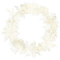 Wedding mariage event invitation wreath card template. Circle ring round wreath border frame with flowers bloom blossom. Luxury shiny golden style. Text placeholder.