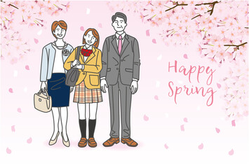 高校に入学する娘と親子3人の記念写真風のイラスト