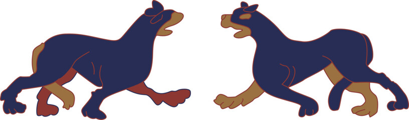 Pair of dog illustrations, inspired by the Bayeux Tapestry