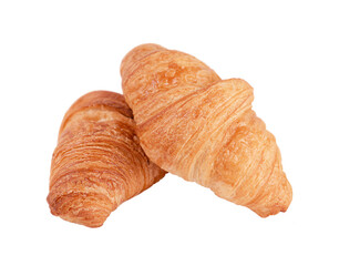Two fresh french croissants closeup isolated on white background.