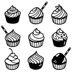 set of cupcakes silhouettes, cutting files for cricut, valentine's day cakes