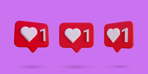 Social media 1 like love icon notification 3d render isolated