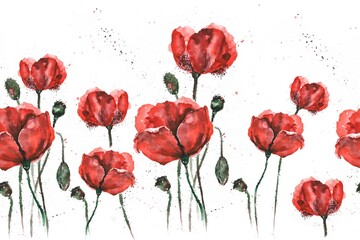 Fototapeta premium Seamless tape with red poppies. Watercolor hand drawn print