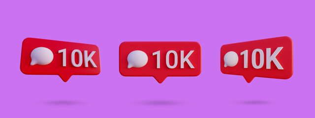 Social media 10k comment icon notification 3d render isolated