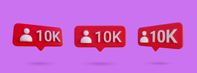 Social media 10k follow icon notification 3d render isolated