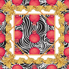 Scarf with a pattern of pomegranates on a black and white background