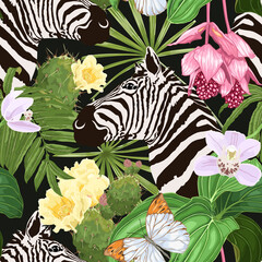Zebras, cactus, tropical flowers on a dark background. Seamless vector pattern.