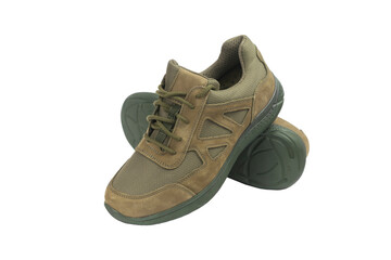 Tactical boots for the army are cut out on a white background. Isolated on a white background, no shadow. 