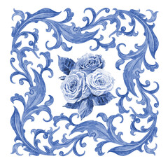 bouquet of roses in vintage floral frame with baroque elements. watercolor painting